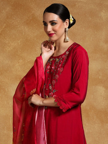 Varanga Women Floral Motif Thread Embroidered Yoke Kurta with Trouser & Dupatta